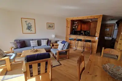 appartement de 4 1/2 pièces ; cuisine ouverte ; salon lumineux ; vue sur les mon