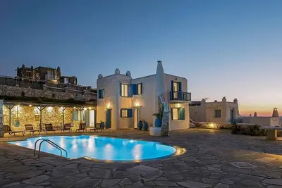 Cycladic Style Villa with A Guest Suite, Private Pool & Stunning Sea Views Towards Mykonos Port!