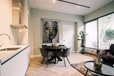 Image de 1 chambre, WiFi rapide, 40m2 de parquet en chevrons et une salle de bain attenante avec douche à eff