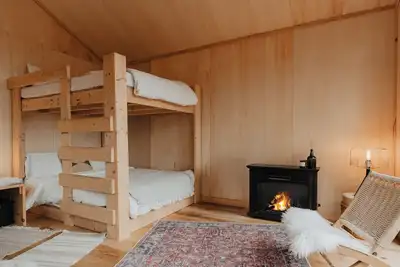 Image de Tiny cabin amongst trees on a farm with alpacas