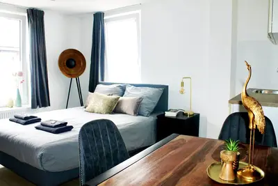 Image de Chambre luxueuse, salle de bain récemment rénovée, utilisation gratuite de la cuisine et de la machi