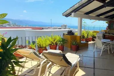 Image de Big sun terrace with view over old town and ocean.
