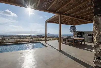 Private retreat in the hills of Vivlos, overlooking the southern Aegean Sea.