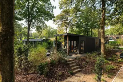 Image de Zand Lodge is a charming chalet for 6 people in the Veluwe, featuring a warm wooden interior, a fully equipped kitchen, and a covered terrace.