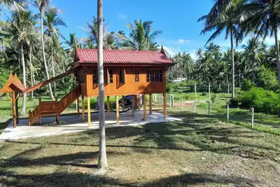 Image de Traditional Thai wooden house on stilts set in a coconut orchard near the beach