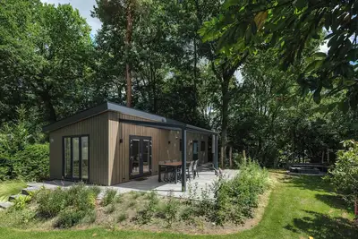 Image de Enjoy a luxurious holiday home for 4 people in the wooded nature of the Veluwe, complete with modern amenities, air conditioning, a stylish pergola, and a cozy lounge area with an outdoor fireplace for ultimate comfort and ambiance, both day and nigh
