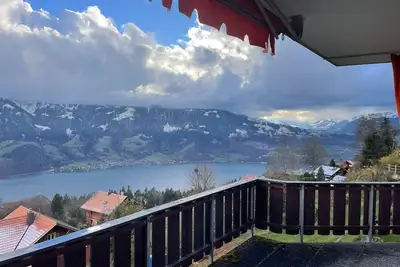 Golden view of the lake and Mountains