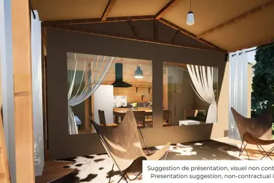 Image de Nouveaute : Cabane toilée Cotton Flower Confort 28m² (2 chambres) + Tv + terrasse couverte 16m² 5 personnes