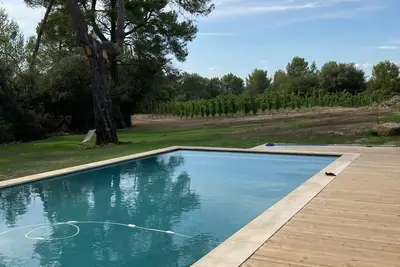 Image de mas rénové dans le Luberon avec piscine chauffée au cœur des vignes et oliviers