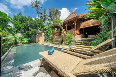 Image de Villa tranquille Saughina Ubud avec piscine à débordement privée et vue sur la jungle