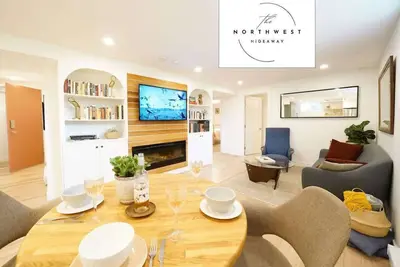 Your modern Northwest Hideaway Suite with cozy fireplace