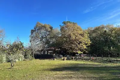Image de Chalet atypique isolé, au cœur d’un jardin-forêt, avec terrasse couverte.