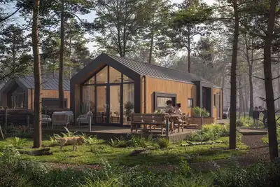 Image de Luxury Forest Lodge with hot tub and sauna for 4 people. Enjoy peace, nature and comfort with private wellness, a terrace and a modern kitchen.