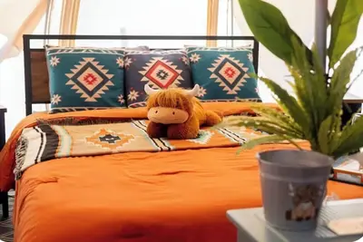 Image de Cuddly cow yurt with fluffy cows, llamas, and sheep