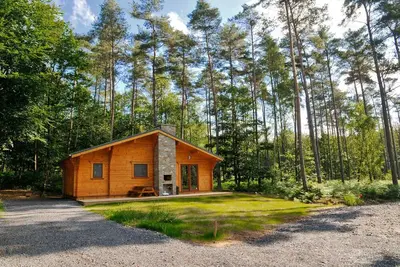 Image de Chalet moderne en bois avec poêle à bois, en forêt