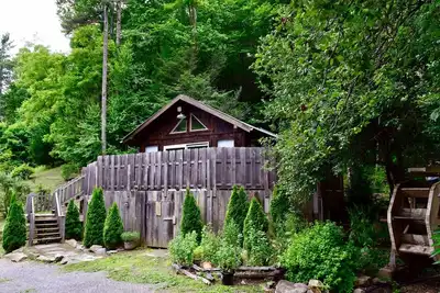 Image de Cabine confortable, bain à remous, étang de Koi avec Lotus et cascades, œufs frais, 15 min à Asheville