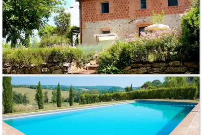 Cottage dans un hameau avec piscine, jardin et vue panoramique sur les collines de Sienne