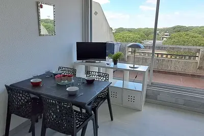 Image de Studio cabine climatisé, piscine, parking, animaux admis, 350m plage