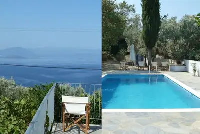 Image de Maison en pierre avec vue imprenable sur la mer et une belle piscine dans le jardin luxuriant