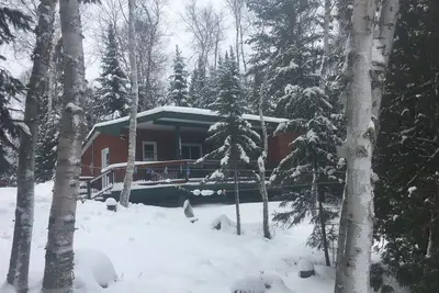 Image de Classique chalet en bord de mer sur l'herbe vierge et Loon Lake