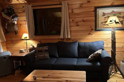 Image de adorable cabane en rondins dans la grande propriété Woods- avec des sentiers et bord de rivière