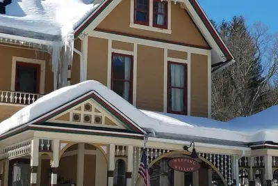 Image de Catskills victorien avec cheminée et vue sur la montagne pour le ski, la pêche et la randonnée