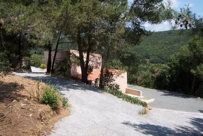 Image de maison avec piscine dans un joli hameau au milieu de pins, chênes verts. . .