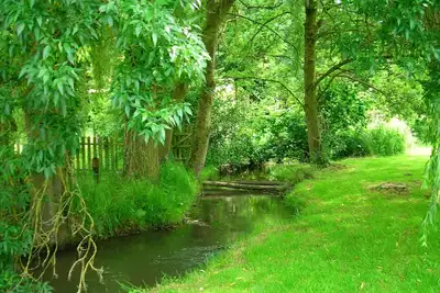 Image de Chalet tranquille au bord de la rivière dans un parc de moulin à eau.