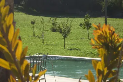 Image de Petite maison en pierre avec grande piscine en pleine nature.