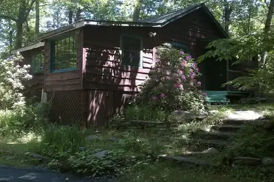 Image de Charmante cabine avec ruisseau se précipitant dans l'arrière-cour pour une retraite paisible