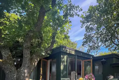 Image de Chalets isolés dans un jardin en bois de chênes et de houx.