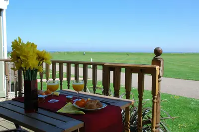 Image de \"Beachscape\" Vues sur la mer, maison contemporaine, chien amical