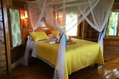 Image de Cabane de style cabane dans les arbres donnant sur l'océan des Caraïbes.