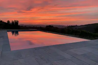 Villa avec vignobles, piscine à débordement, vue sur un château Unesco et les Alpes.
