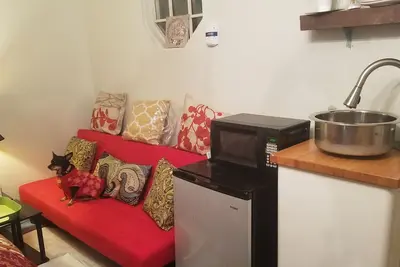 Image de Tinyhouse niché dans l'arrière-cour de la propriété clôturée.