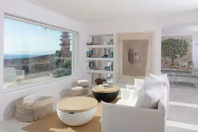 Image de Villa Aristote: coucher de soleil et mer Égée Vues: design minimal 4 chambres 4 salles de bain