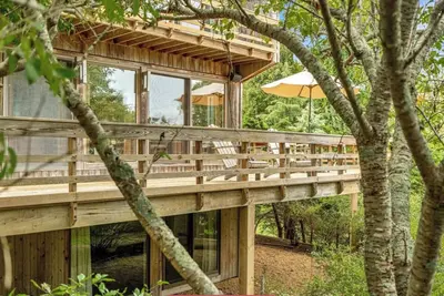 Image de Élégante cime des arbres moderne avec piscine chauffée à quelques pas de la plage
