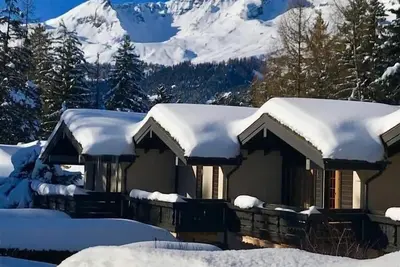 Image de Beau chalet en hiver et en été.