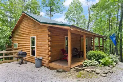 Image de Cabane en rondins bien décorée, sur le thème \"Ameublement coq\" rouge et noir.