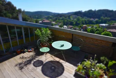 Image de grand loft d'artistes avec terrasse, bassin avec douche d'exterieur
