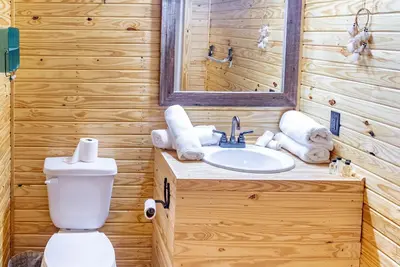 1bd rm, 1 bth, hotel style cabin w/ Mini fridge, micro, & tv, at Kick Back Ranch