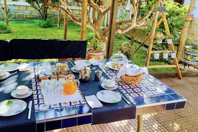 Image de Petit-déjeuner bio dans le jardin, vue sur le Vésuve