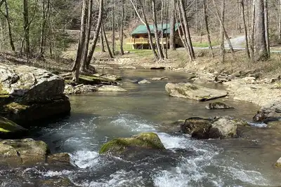 New 2\/2 log cabin, rushing trout stream, hot tub, fireplace, 4 acres