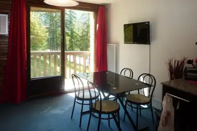 Image de 300m du centre station, 2ème étage, vue forêt, balcon, télévision, casier à ski, 24m², Les Orres