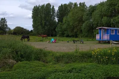 Image de la roulotte du moulin de palet bleu ciel
