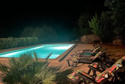 Image de Beau Moulin Provençal avec piscine au milieu des oliviers et des pins
