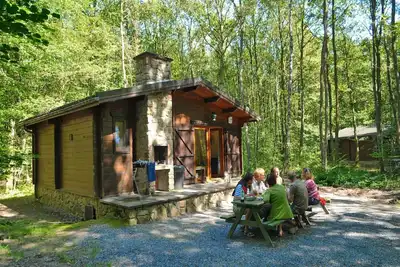 Image de Chalet confortable en bois avec micro-ondes, situé en forêt