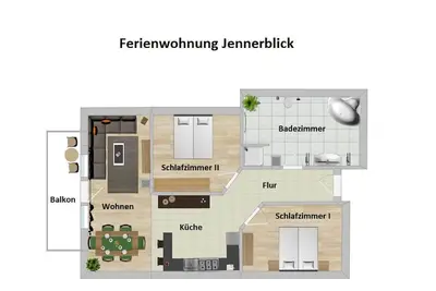 Image de Ferienwohnung Jennerblick, 85 qm, 1-4 Personen, 2 Separate Schlafzimmer, Wohn- Esszimmer, Bad, Balkon
